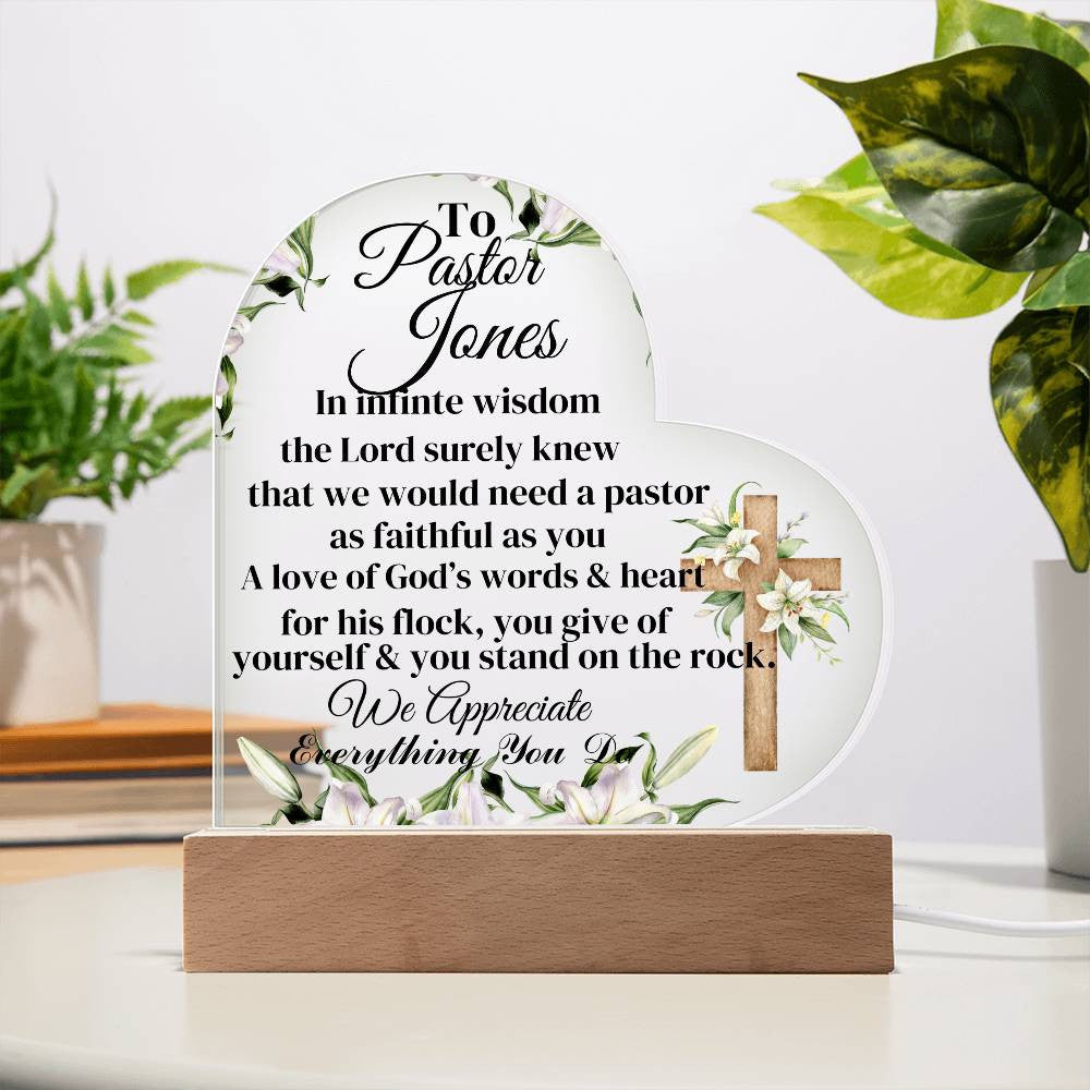 Personalized Pastor Acrylic Heart Plaque with LED Lights