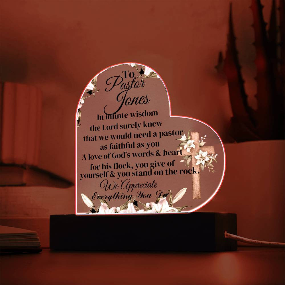 Personalized Pastor Acrylic Heart Plaque with LED Lights