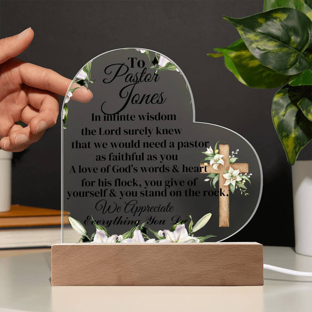 Personalized Pastor Acrylic Heart Plaque with LED Lights