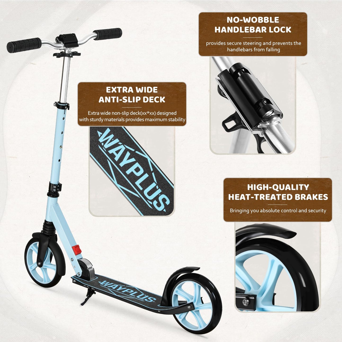 WAYPLUS Kick Scooter for Kids and Teens, Blue, 8-Inch, Foldable, Lightweight, Safety Features, Smooth Ride, Adjustable Height