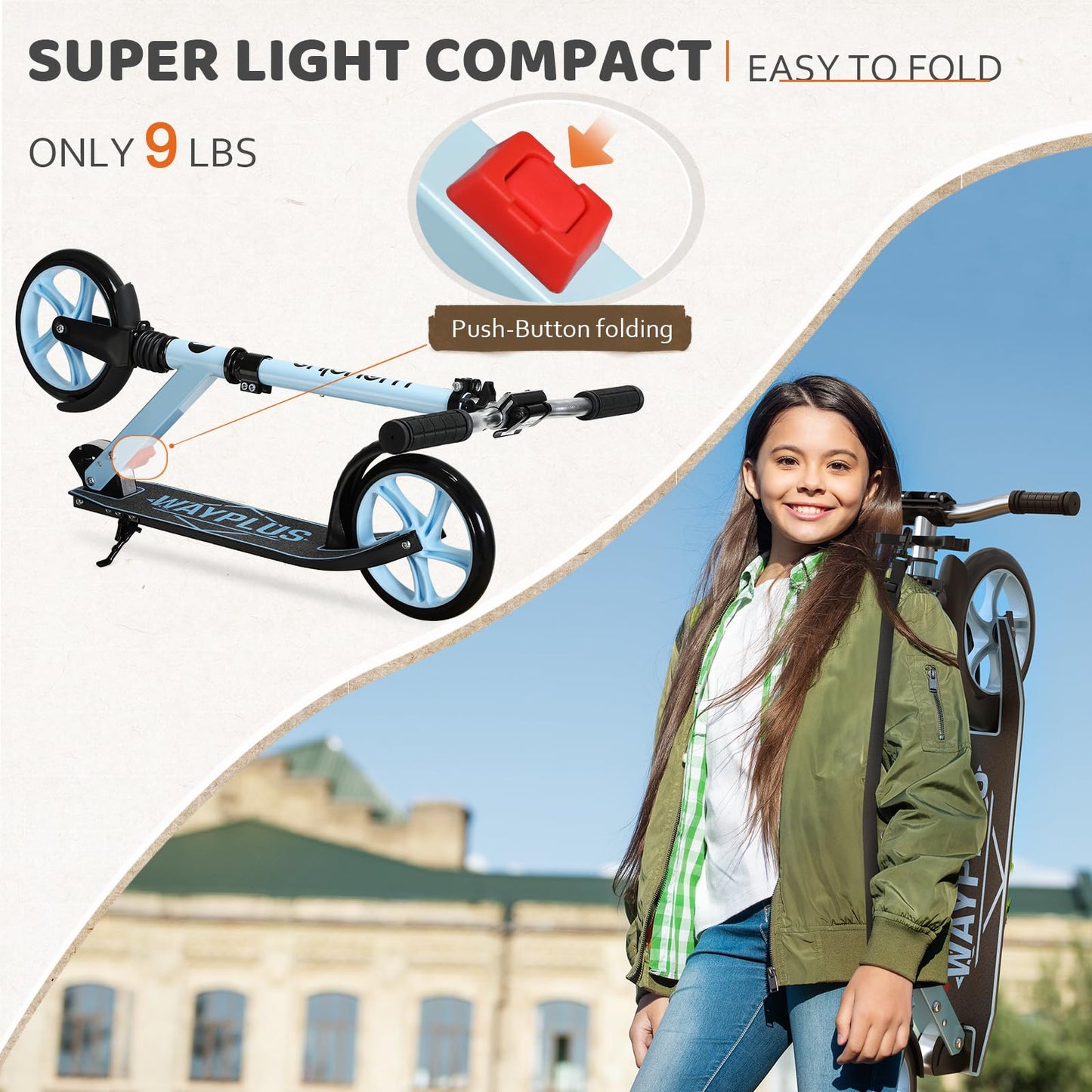 WAYPLUS Kick Scooter for Kids and Teens, Blue, 8-Inch, Foldable, Lightweight, Safety Features, Smooth Ride, Adjustable Height