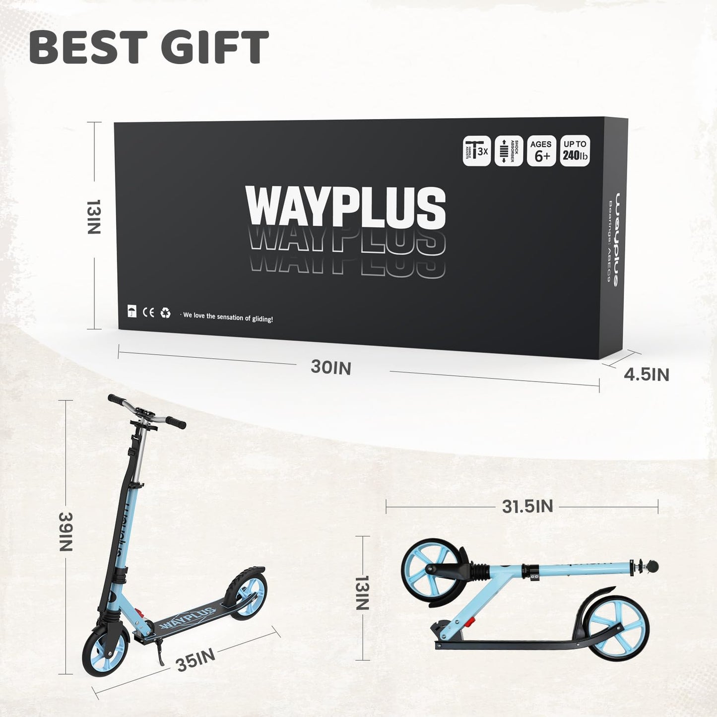 WAYPLUS Kick Scooter for Kids and Teens, Blue, 8-Inch, Foldable, Lightweight, Safety Features, Smooth Ride, Adjustable Height