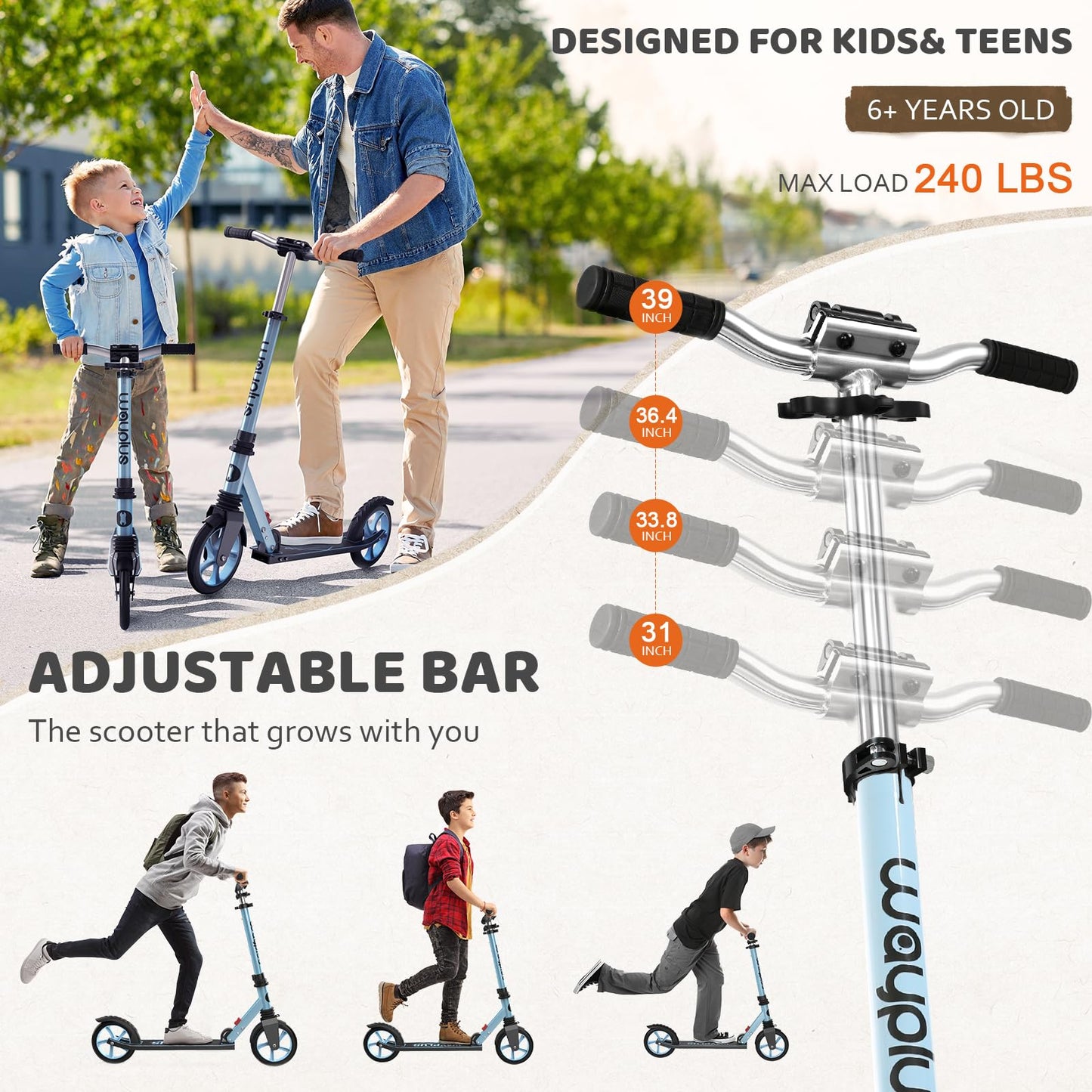 WAYPLUS Kick Scooter for Kids and Teens, Blue, 8-Inch, Foldable, Lightweight, Safety Features, Smooth Ride, Adjustable Height