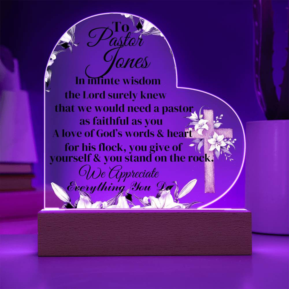 Personalized Pastor Acrylic Heart Plaque with LED Lights