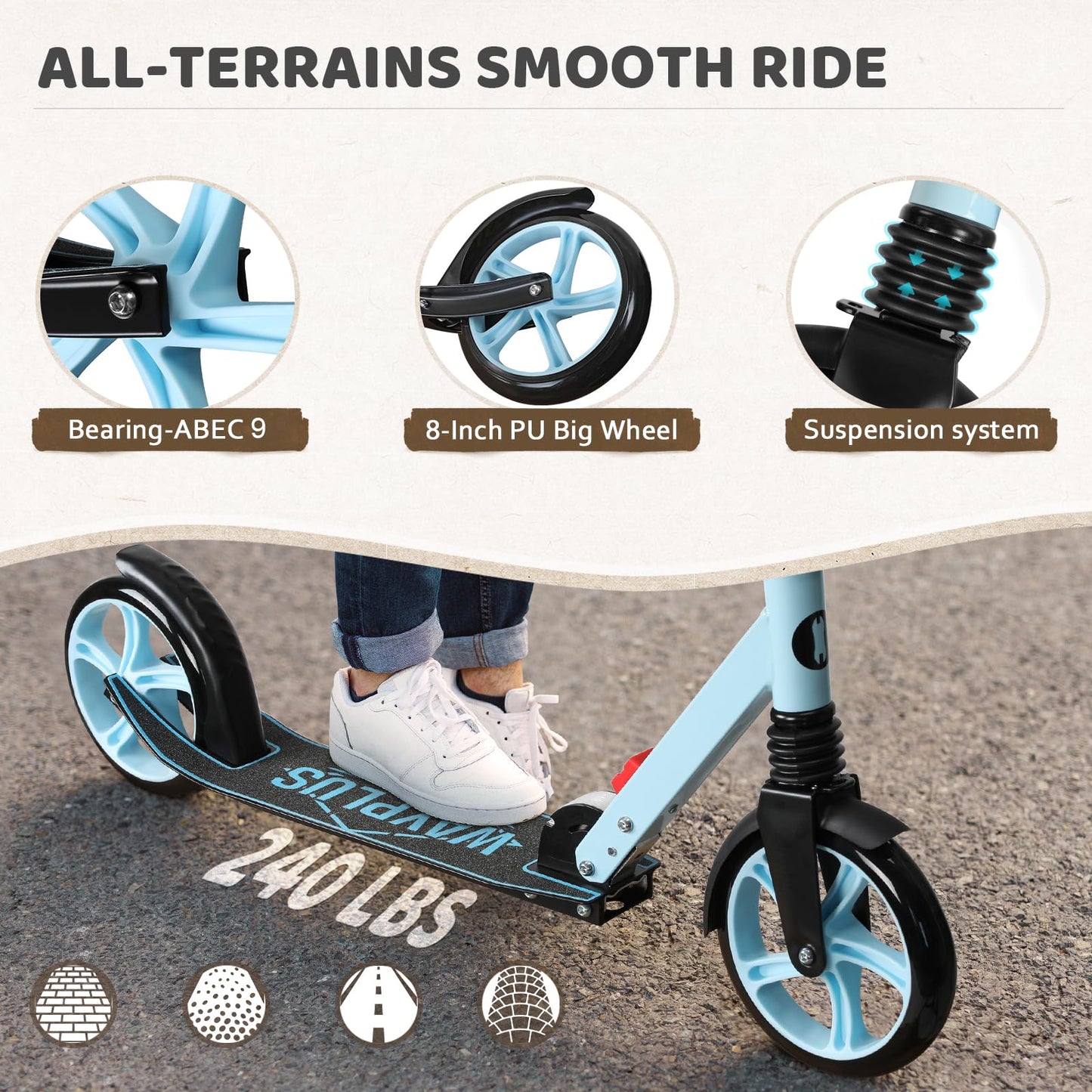 WAYPLUS Kick Scooter for Kids and Teens, Blue, 8-Inch, Foldable, Lightweight, Safety Features, Smooth Ride, Adjustable Height
