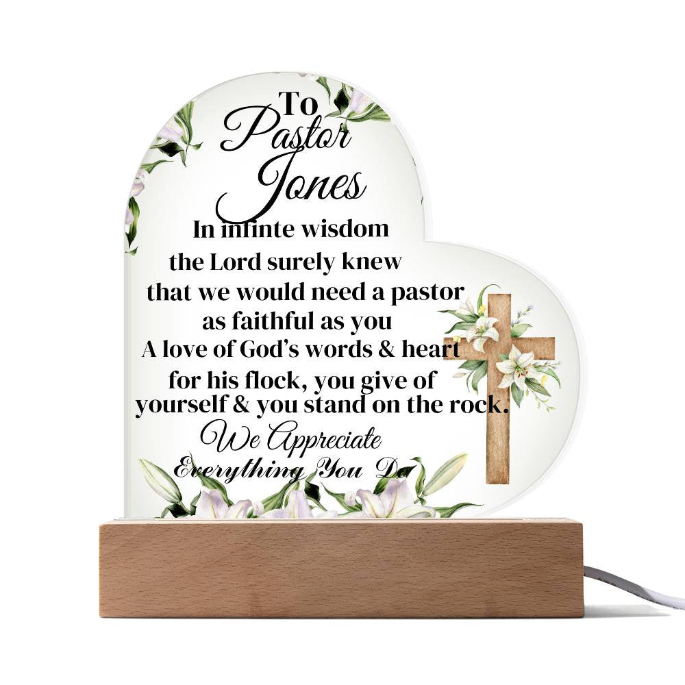 Personalized Pastor Acrylic Heart Plaque with LED Lights