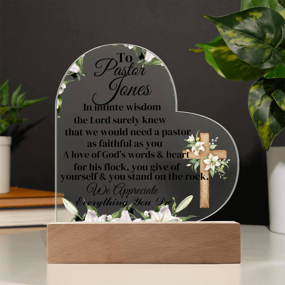 Personalized Pastor Acrylic Heart Plaque with LED Lights