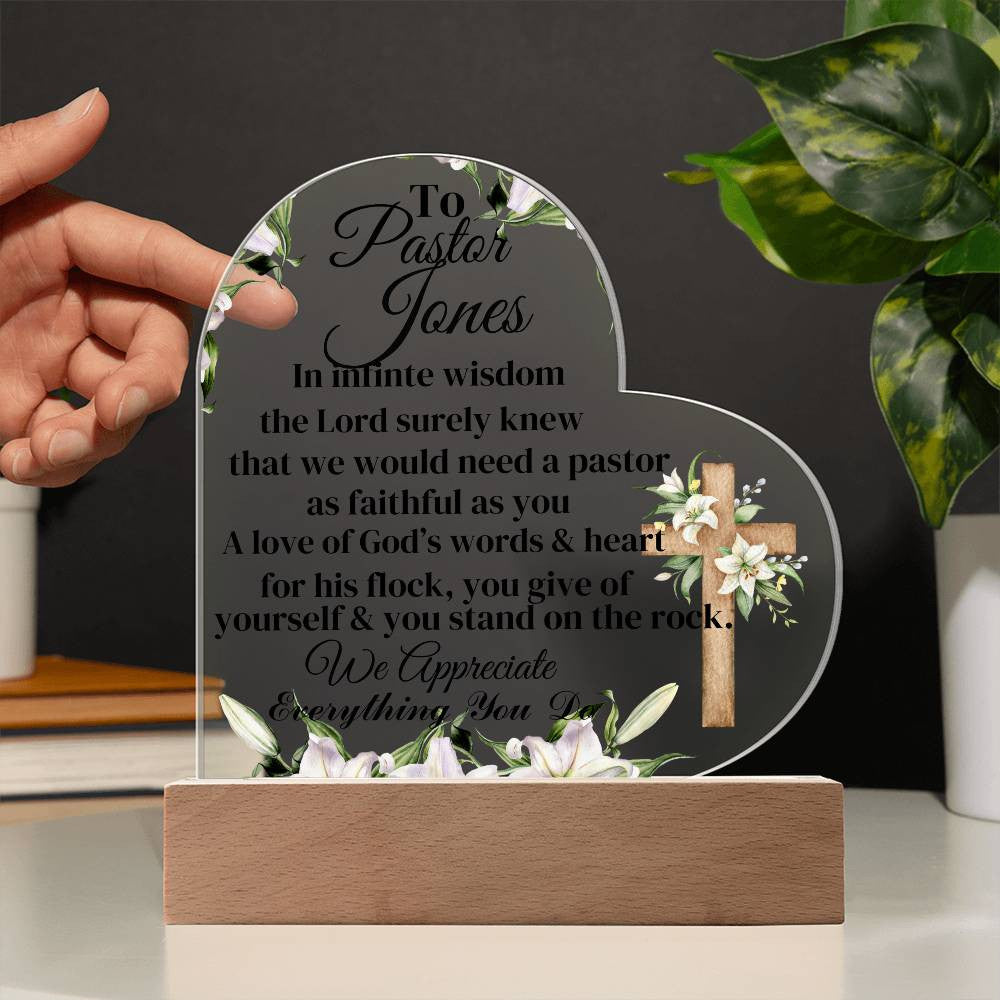 Personalized Pastor Acrylic Heart Plaque with LED Lights