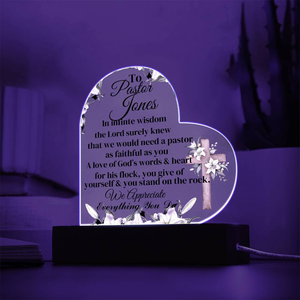 Personalized Pastor Acrylic Heart Plaque with LED Lights