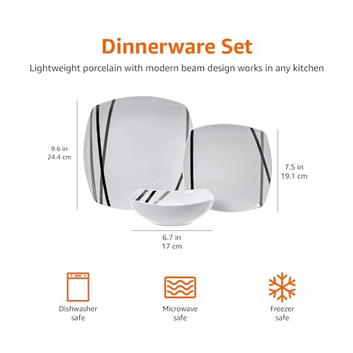 Amazon Basics - 18 Piece Kitchen Dinnerware Set - Square Plates, Bowls, Service for 6 - Modern Beams