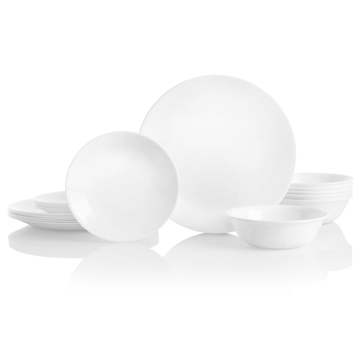 Corelle Vitrelle 18-Piece Service for 6 Dinnerware Set, Triple Layer Glass and Chip Resistant, Lightweight Round Plates and Bowls Set, Winter Frost White