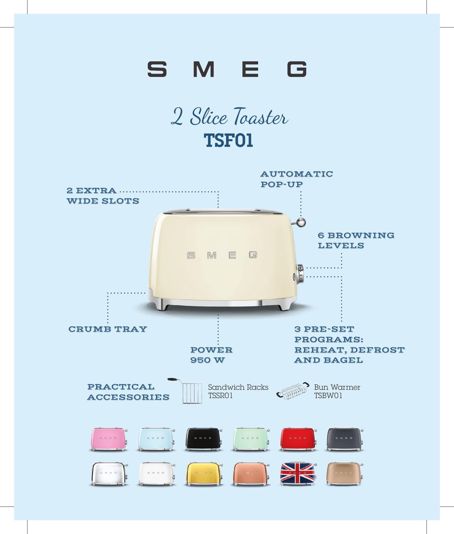 SMEG 2 Slice Toaster with 6 Presets and Defrost Function and Removable Crumb Tray TSF01CHMUS, Matte Champagne