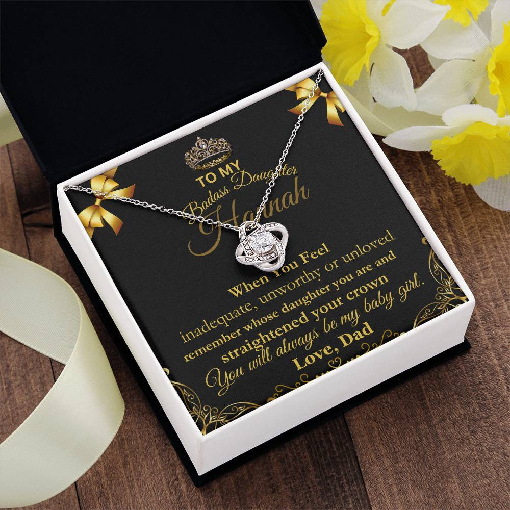 To My Badass Daughter Personalize Love Knot Necklace;Yellow & White Gold