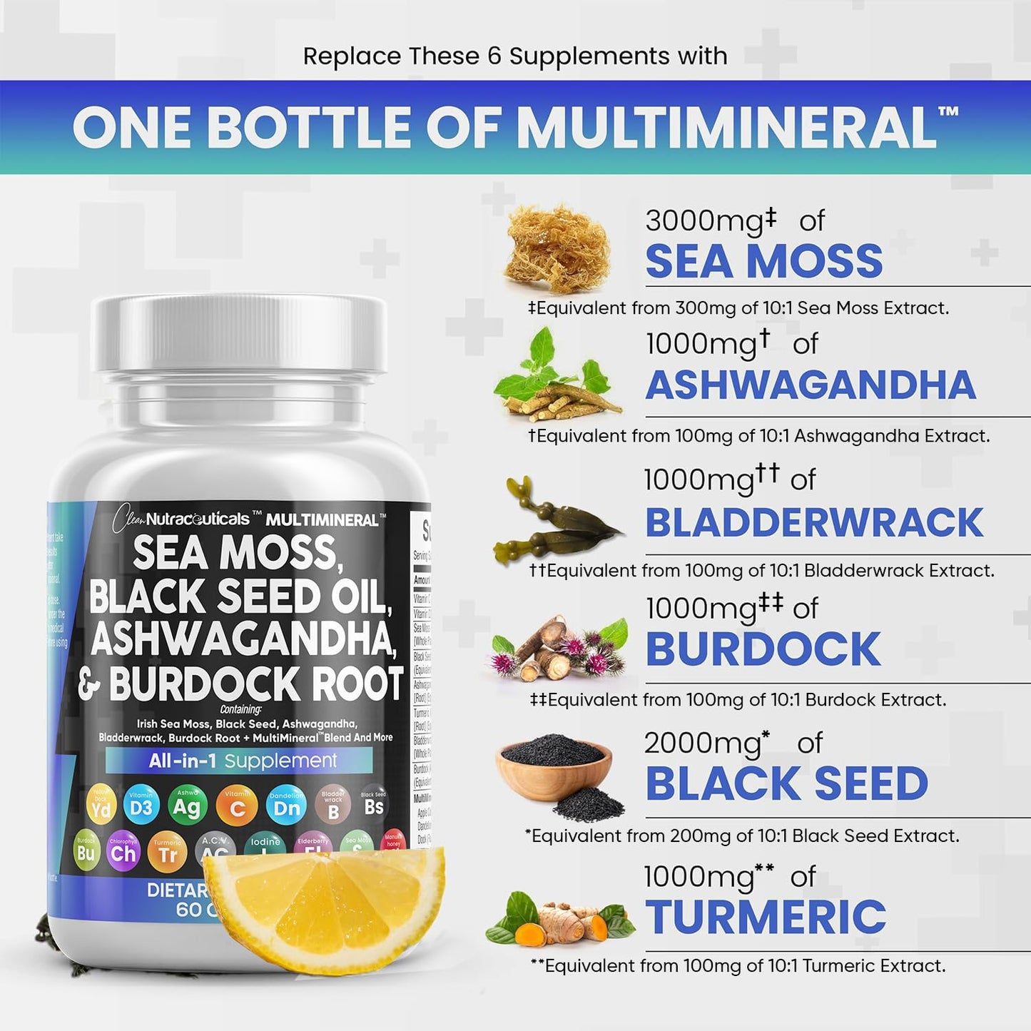 Sea Moss 3000mg Black Seed Oil 2000mg Ashwagandha 1000mg Turmeric 1000mg Bladderwrack 1000mg Burdock 1000mg & Vitamin C & D3 with Elderberry Manuka Dandelion Yellow Dock Iodine Chlorophyll ACV