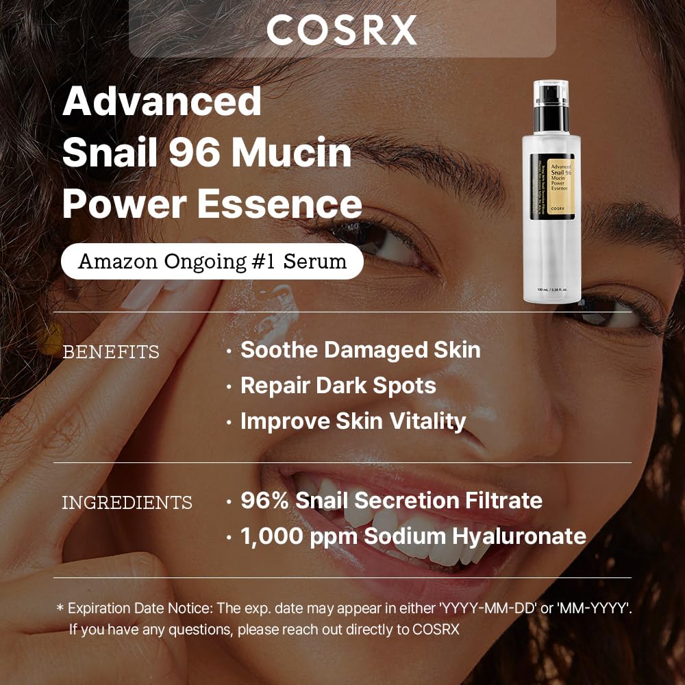 COSRX Snail Mucin 96% Power Face Serum 3.38 fl oz 100ml, Hydrating Serum for Face, Self Care, Glow Skin under Makeup, Korean Skin Care, Korean Beauty