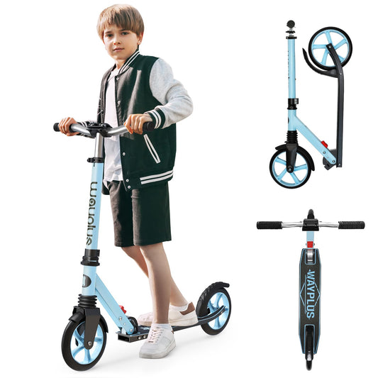 WAYPLUS Kick Scooter for Kids and Teens, Blue, 8-Inch, Foldable, Lightweight, Safety Features, Smooth Ride, Adjustable Height