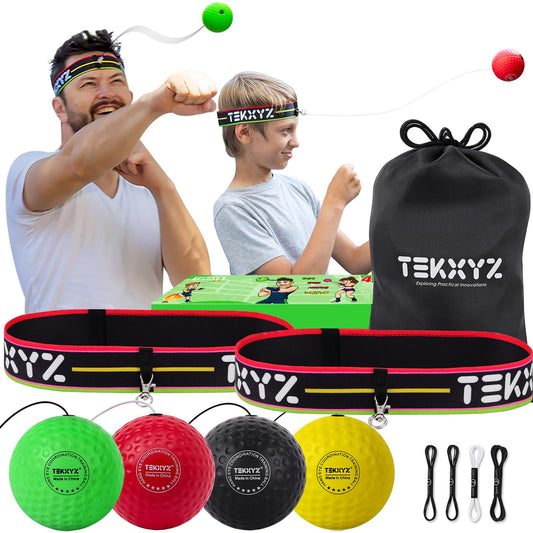 TEKXYZ Boxing Ball Family Pack, 2 Adjustable Headbands + 2 Novice Balls + 1 Veteran Ball + 1 Boxer Ball and More