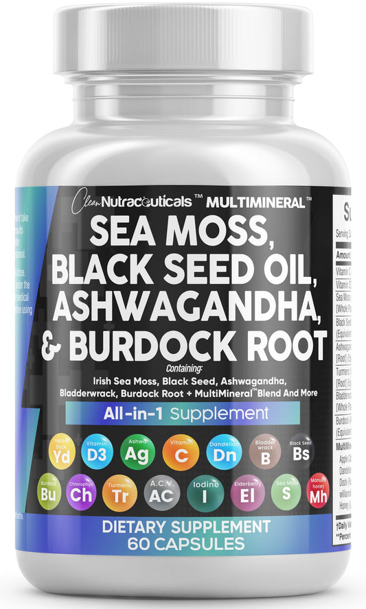 Sea Moss 3000mg Black Seed Oil 2000mg Ashwagandha 1000mg Turmeric 1000mg Bladderwrack 1000mg Burdock 1000mg & Vitamin C & D3 with Elderberry Manuka Dandelion Yellow Dock Iodine Chlorophyll ACV