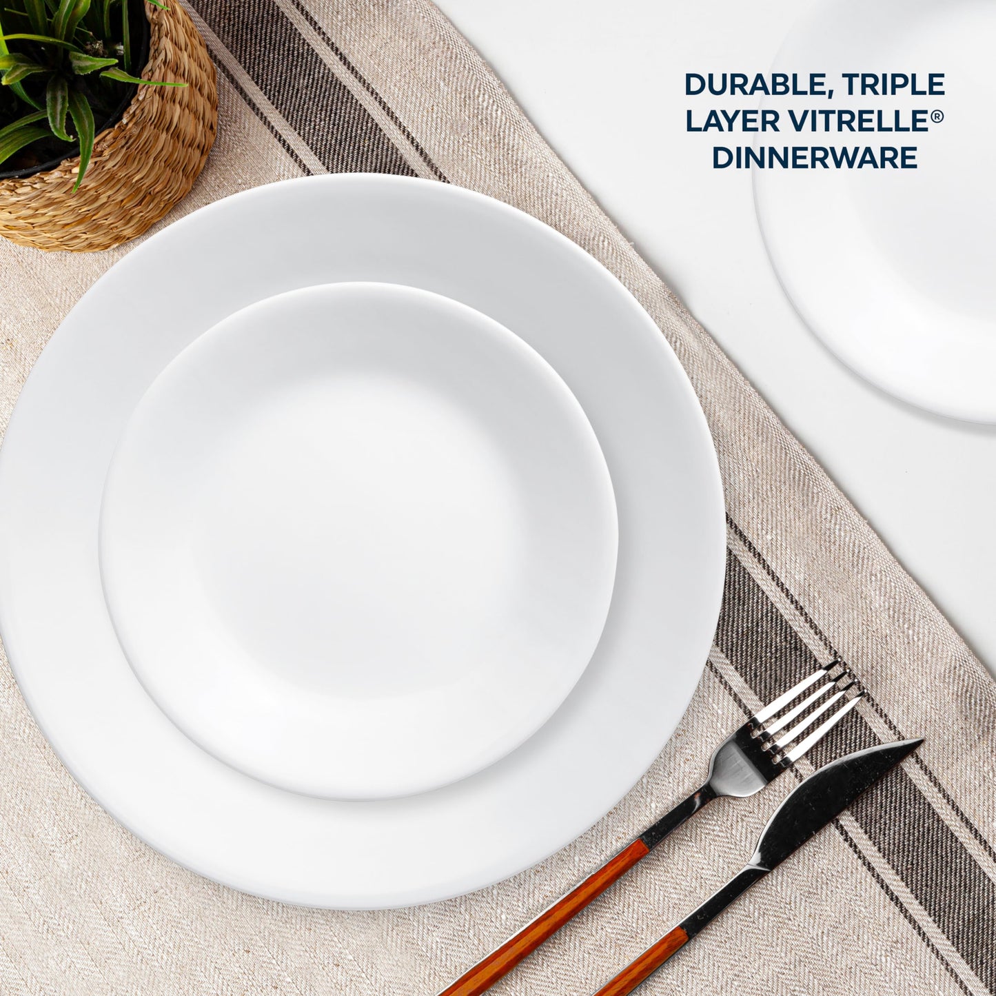 Corelle Vitrelle 18-Piece Service for 6 Dinnerware Set, Triple Layer Glass and Chip Resistant, Lightweight Round Plates and Bowls Set, Winter Frost White