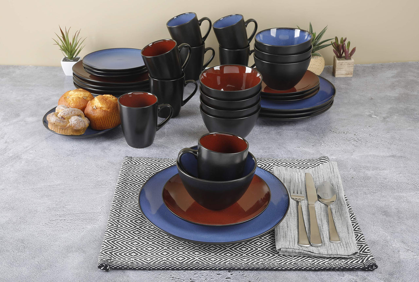 Gibson Soho Lounge Round Reactive Glaze Stoneware Dinnerware Set, Service for 4 (16pc), Blue, Soho Round.