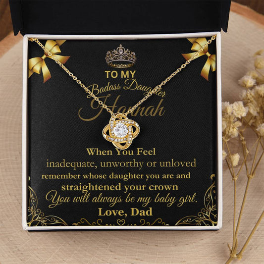 To My Badass Daughter Personalize Love Knot Necklace;Yellow & White Gold